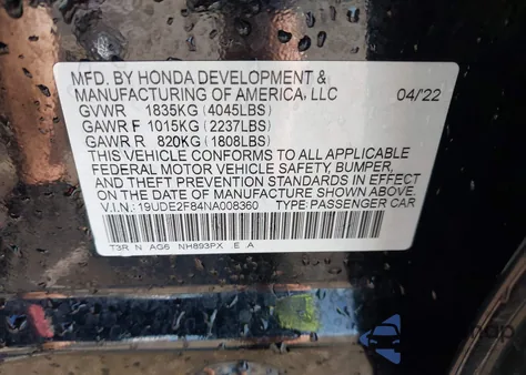 2022 Acura Ilx Premium A-Spec Packages/Technology A-Spec Packages from USA, damaged, VIN 19UDE2F84NA008360